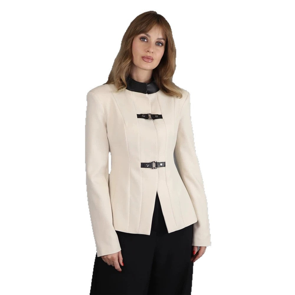 Women's Tailored Blazer with Stand-Up Collar, Waist Seams, and Decorative Strap Closures Mune Fashion