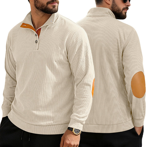 Men's fine ribbed knitted pullover with polo collar button placket and elbow patch Mune Fashion