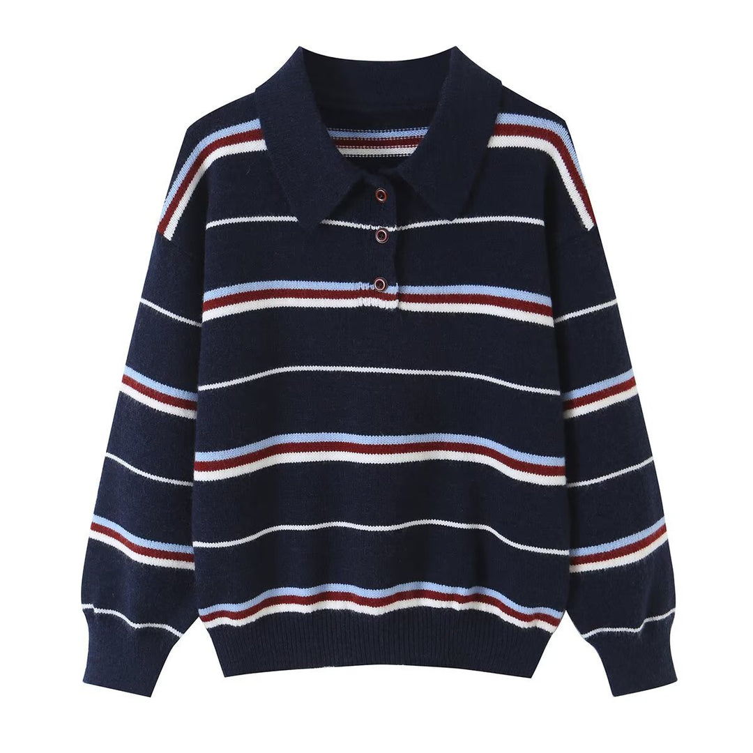 Women's Striped Knit Polo Sweater with Short Button Placket and Ribbed Cuffs Mune Fashion