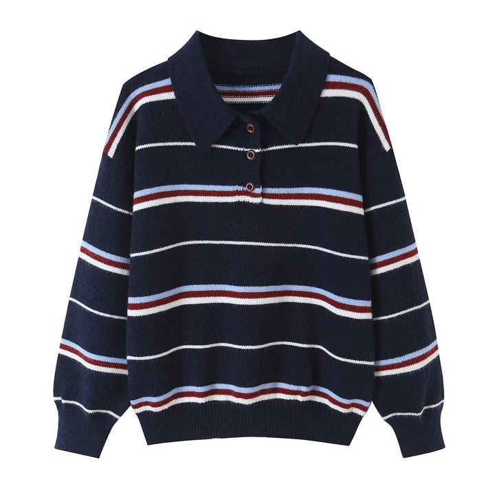 Women's Striped Knit Polo Sweater with Short Button Placket and Ribbed Cuffs Mune Fashion