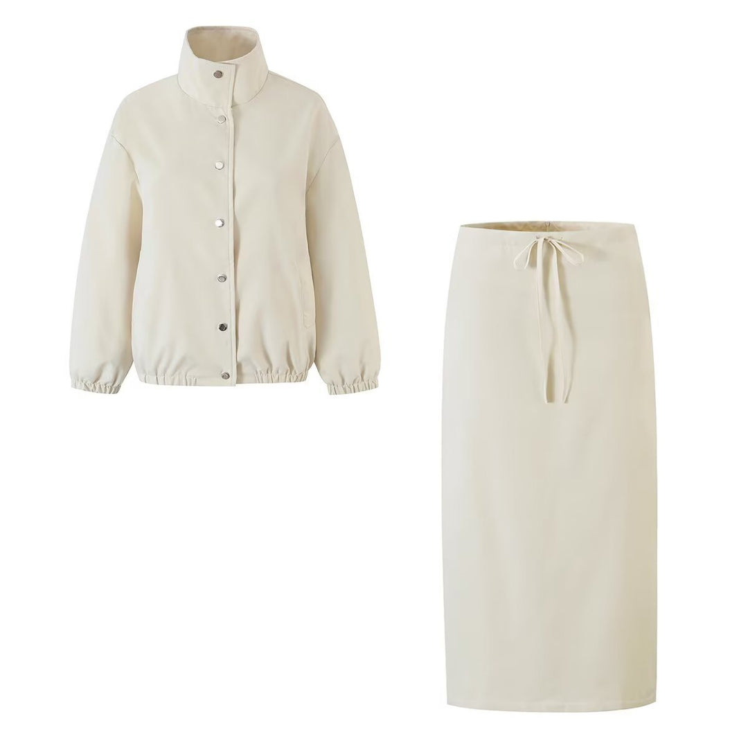 Women Two-Piece Set consisting of short blouson with stand-up collar and high-waisted pencil skirt Drune
