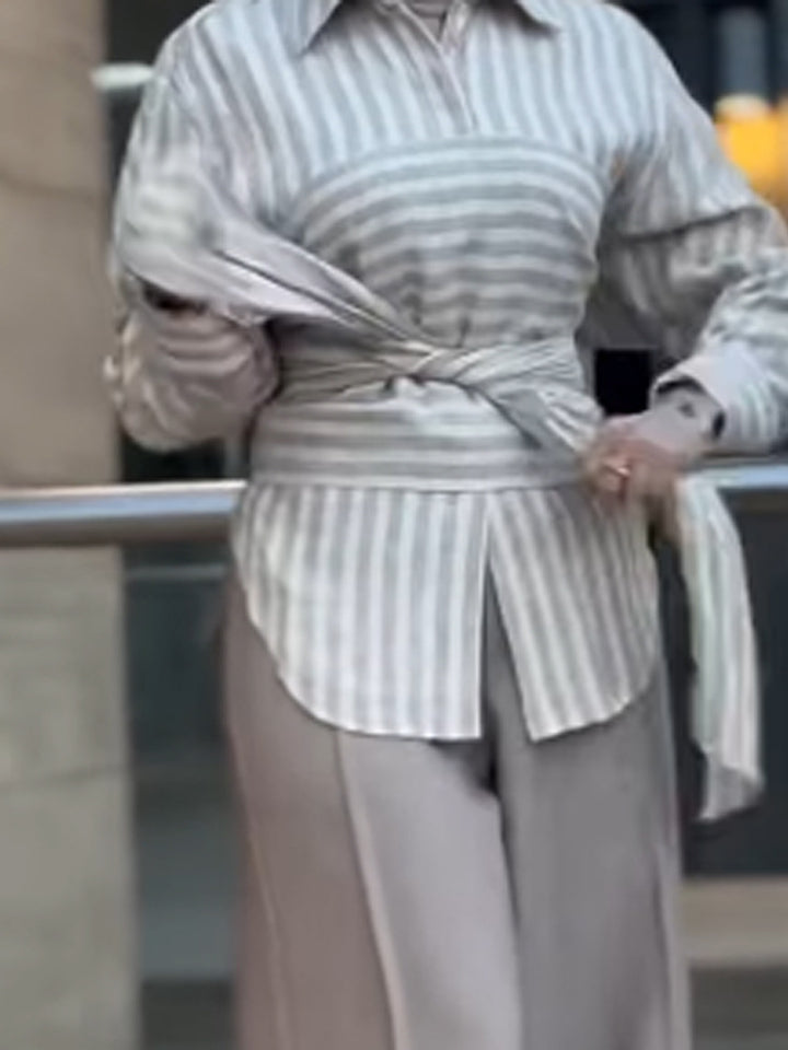 Women Striped Shirt Blouse with Waist Belt, Longer Hem and Side Slit Mune Fashion