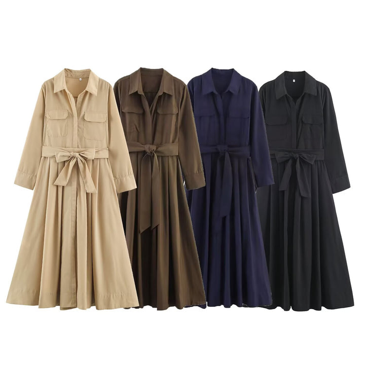 Women's Shirt Dress with Waist Belt and A-Line Skirt Mune Fashion