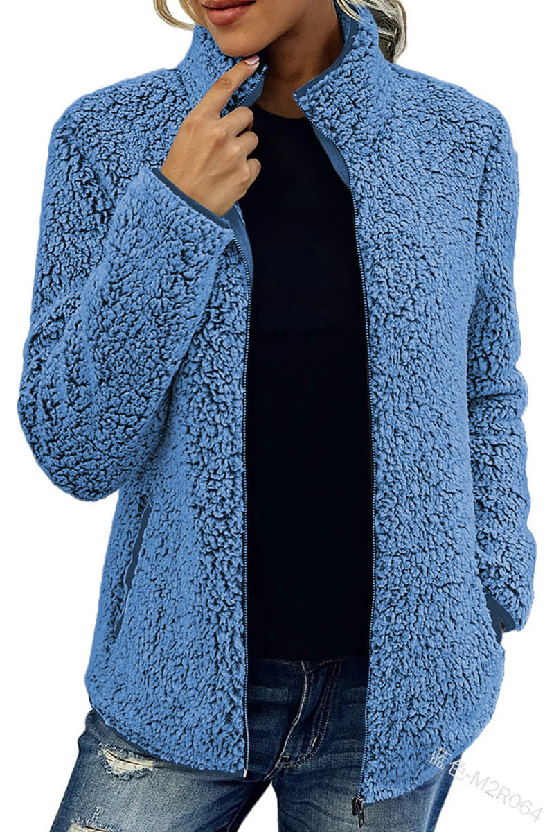 Women cozy teddy fleece jacket with stand-up collar and zipper Mune Fashion