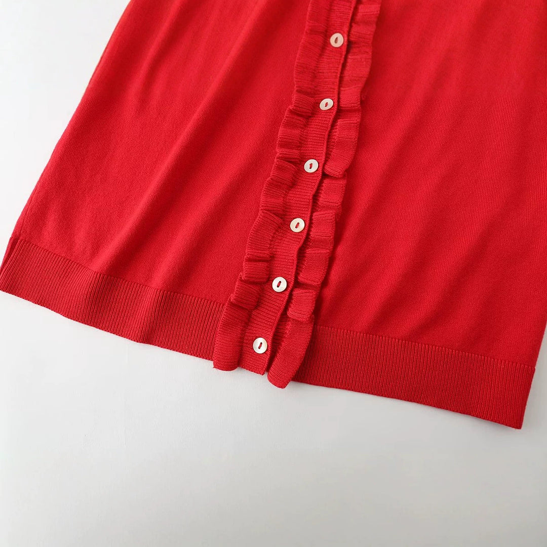 Women's Ruffle Hem Cardigan with Button Placket and Flounce Sleeves Mune Fashion