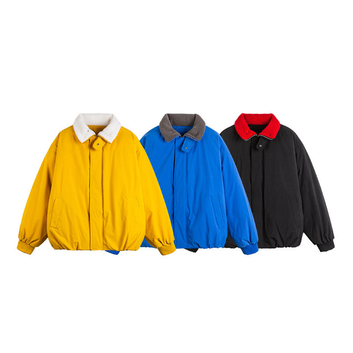 Unisex Short Cut Boxy Bomber Jacket with Teddy Turn-Down Collar and Concealed Front Mune Fashion