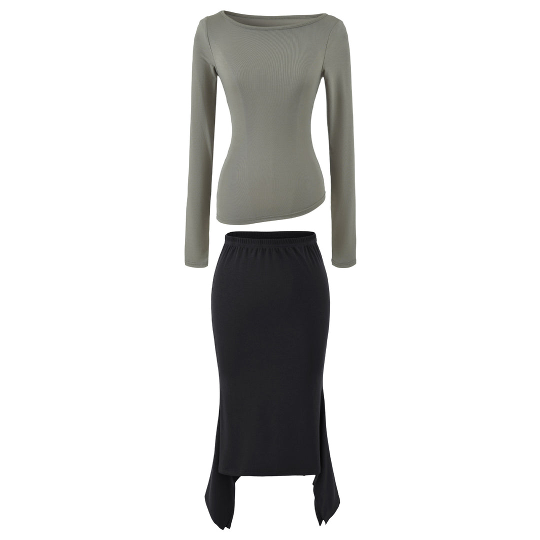 Women's Two-Piece Set with Fitted Long Sleeve Top and Maxi Skirt with Slit Mune Fashion