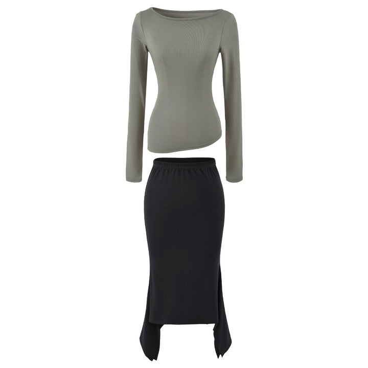 Women's Two-Piece Set with Fitted Long Sleeve Top and Maxi Skirt with Slit Mune Fashion