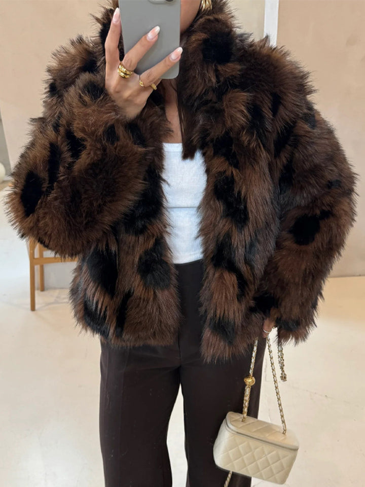 Women's Boxy Short Jacket made of Woven Fur with Natural Fur Look and Wide Shawl Collar Mune Fashion