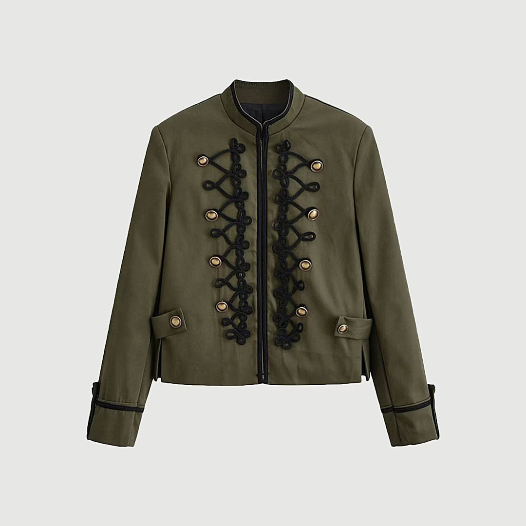 Women's Short Military-Style Jacket with Stand-Up Collar and Decorative Cord Mune Fashion