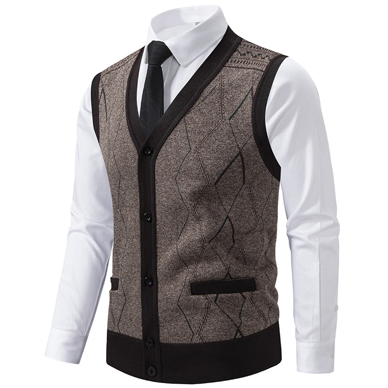 Men's Sleeveless Knit Vest with Diamond Pattern, V-Neck and Button Placket Mune Fashion