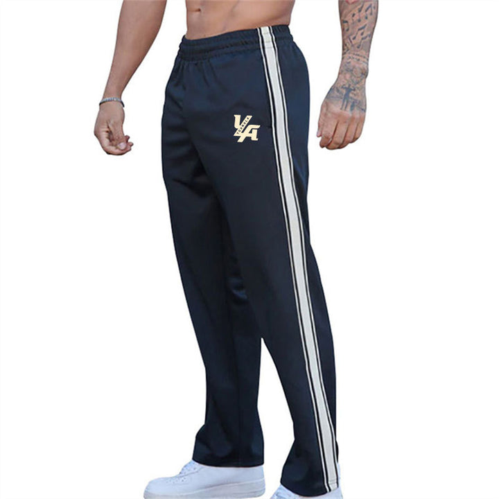 Men's straight-cut training pants with elastic comfort waistband, side double stripe, and thigh logo print Mune Fashion