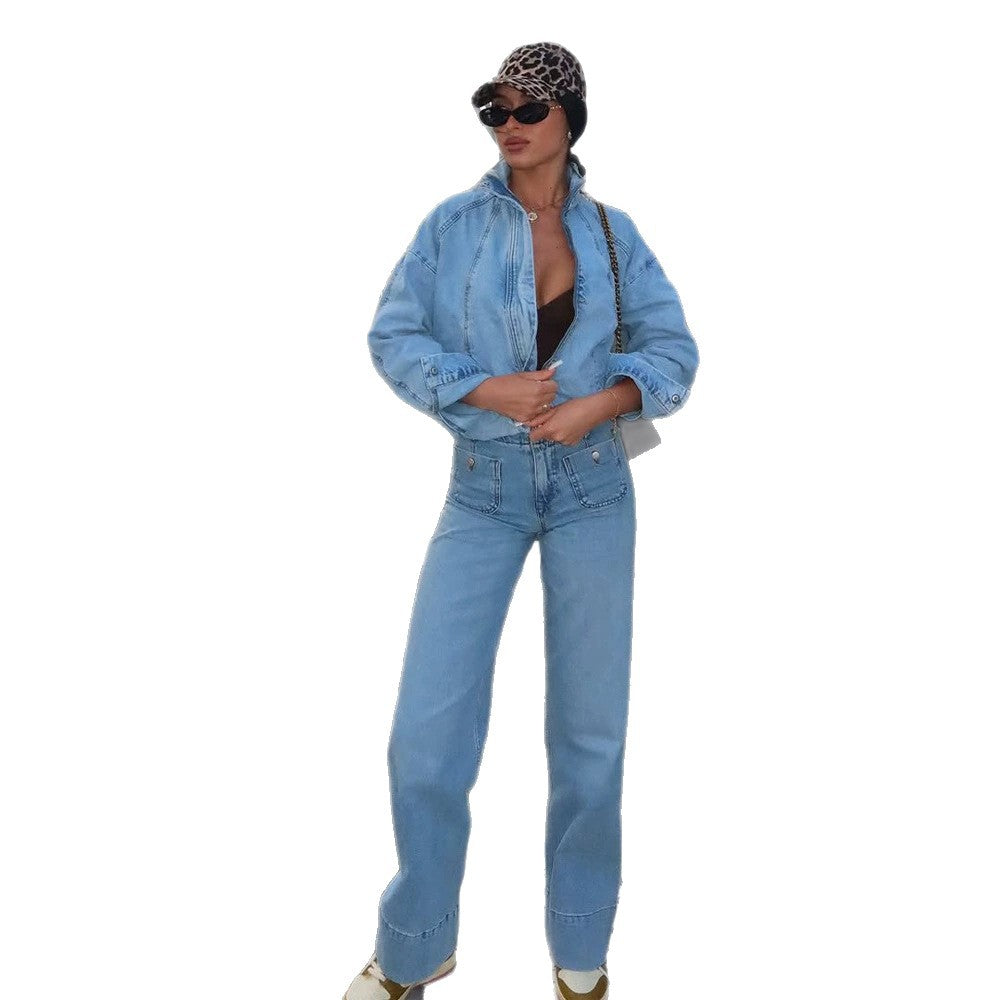 Women's Cropped Denim Jacket in Bomber Style with High Standing Collar and Oversized Sleeves Mune Fashion