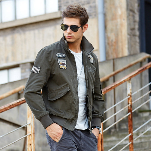 Men's short-cut bomber jacket made of canvas with emblem patches and arm pocket Mune Fashion