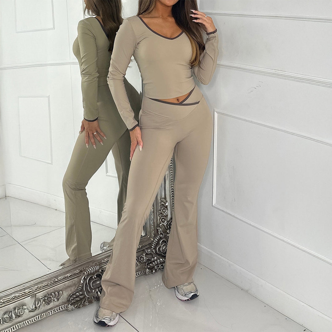 Women's form-fitting long sleeve crop top and flared high waist pants set Mune Fashion