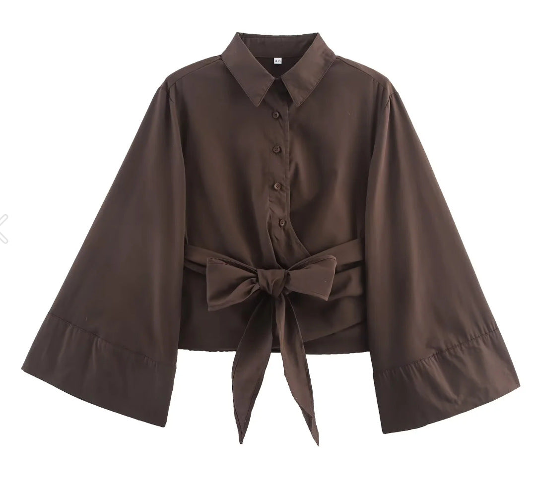Women 200+ elegant wrap blouse with wide kimono sleeves and waist tie Mune Fashion