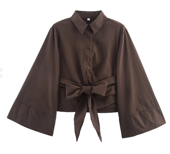 Women 200+ elegant wrap blouse with wide kimono sleeves and waist tie Mune Fashion