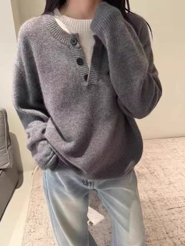 Women's Oversize Henley Sweater made of fluffy Mohair-look with button placket Mune Fashion