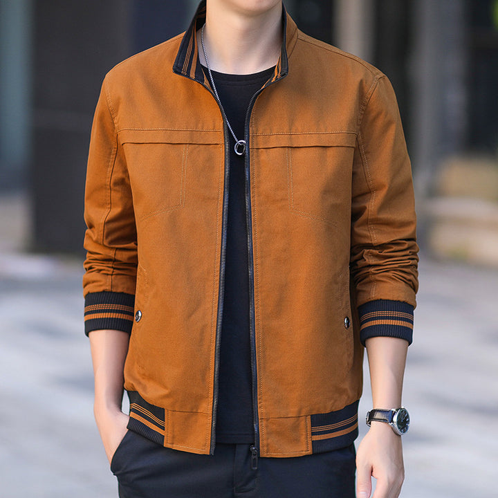 Men's modern canvas bomber jacket in worker style with striped ribbed cuffs and zipper Mune Fashion