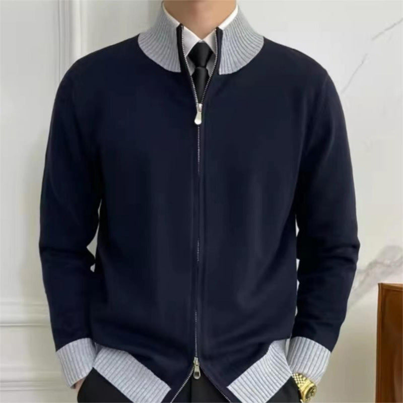 Men's zip fine knit cardigan with standing collar and ribbed hem Mune Fashion
