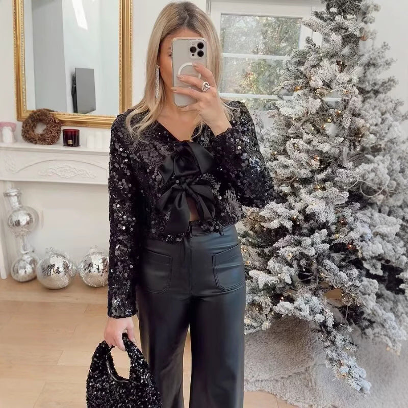 Women’s Short Jacket with Sequin Trim and Decorative Bow Front Mune Fashion