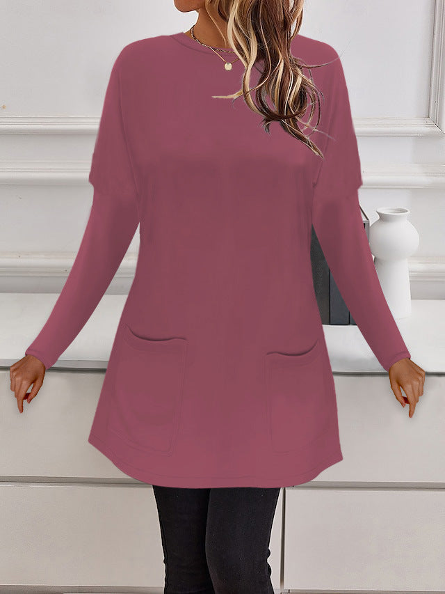 Women's Longline Fine Knit Tunic with Round Neckline and Patch Pockets Mune Fashion