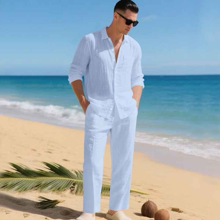 Men's lightweight linen outfit with stylish shirt and elegant pants Mune Fashion