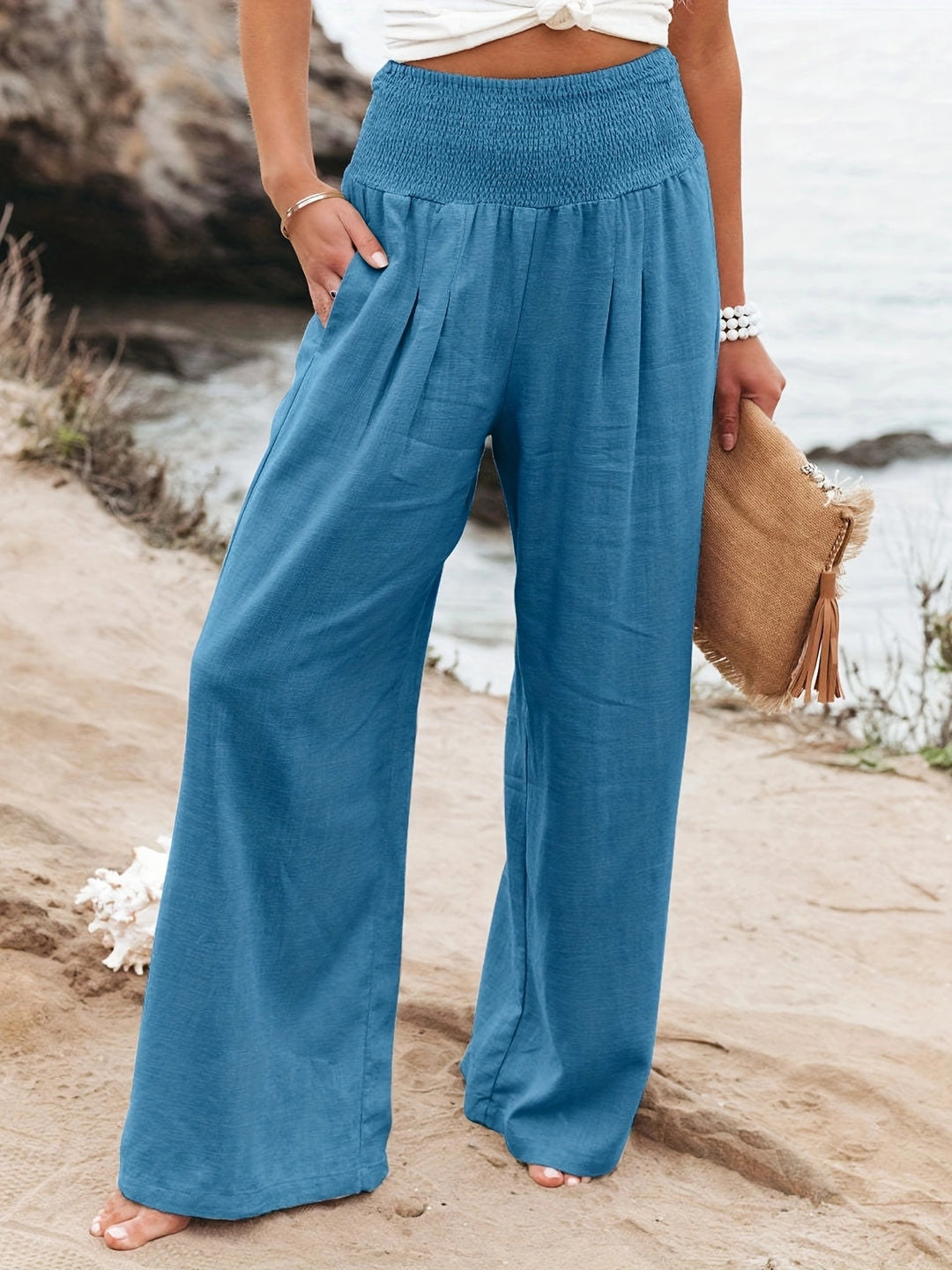 Women's Wide Linen Pants with Smocked Band and Side Pockets Mune Fashion