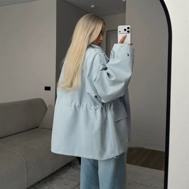 Women's Oversized Utility Jacket with Drawstring Waist, High Stand Collar, and Flap Pockets