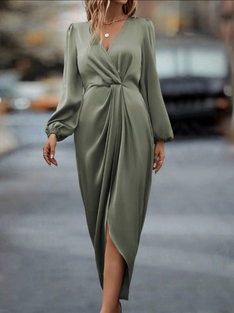 Women's tailored draped midi dress with V-neck, gathering, balloon sleeves, and side wrap slit Mune Fashion