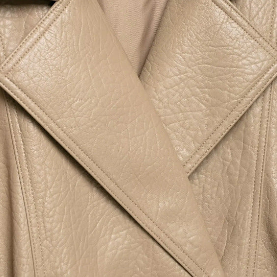 Women Short Blouson made of Artificial Leather with Double-Breasted Button Placket and Shoulder Cape Mune Fashion