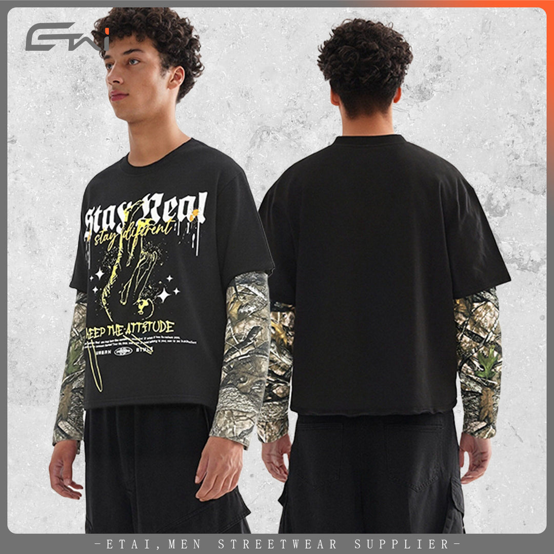 Men's Layered Long Sleeve T-Shirt with Camouflage Inner Sleeves and Gothic Print Mune Fashion