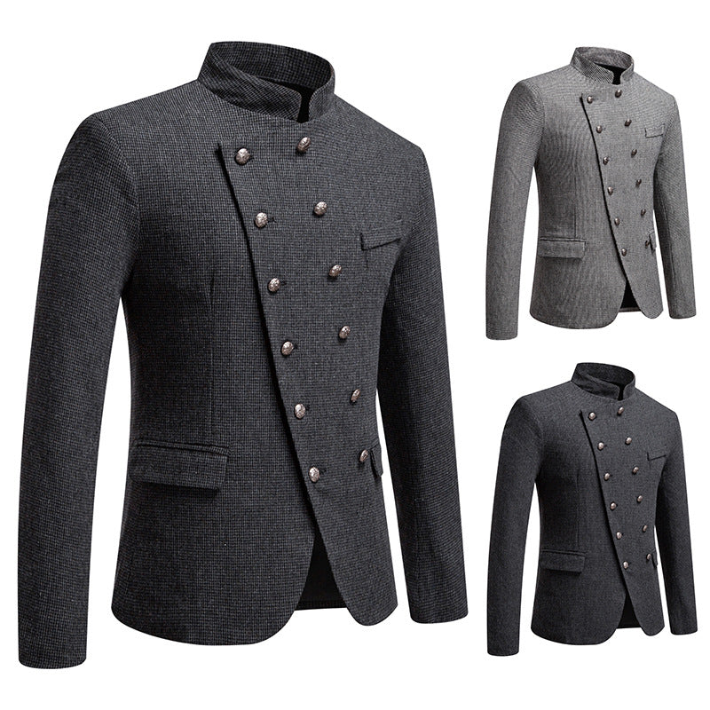 Men's fashionable military blazer with standing collar, decorative button row, and fine texture Mune Fashion