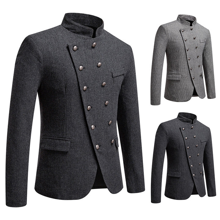 Men's fashionable military blazer with standing collar, decorative button row, and fine texture Mune Fashion