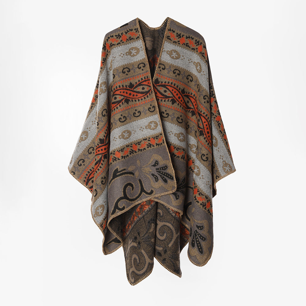 Women's Feel-Good Cape with Folkloric Jacquard Pattern, Open Front and Contrasted Overlock Stitch