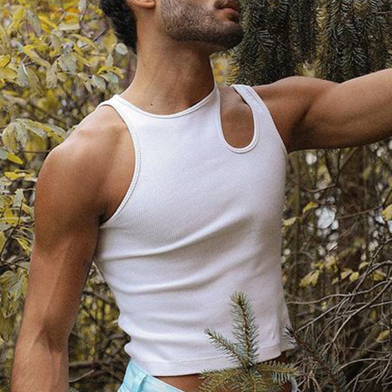Men's body-hugging tank top with one-sided shoulder cut-out and fine ribbed texture Mune Fashion