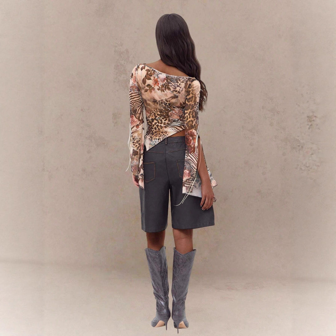 Women's nan asymmetrical semi-transparent mesh top with floral-animal pattern, gathered bodice and off-shoulder waterfall neckline Mune Fashion