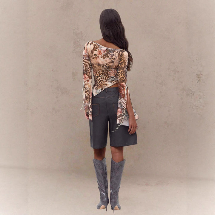 Women's nan asymmetrical semi-transparent mesh top with floral-animal pattern, gathered bodice and off-shoulder waterfall neckline Mune Fashion