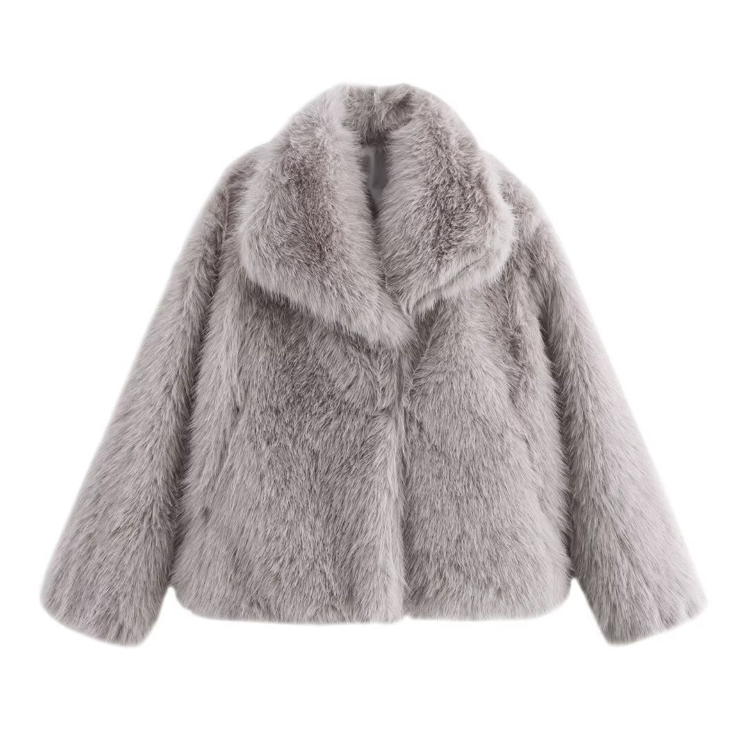 Women short cut boxy faux fur coat with shawl collar Mune Fashion