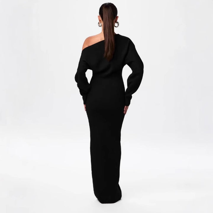 Women's One-Shoulder Maxi Knit Dress with Oversized Sleeves Mune Fashion