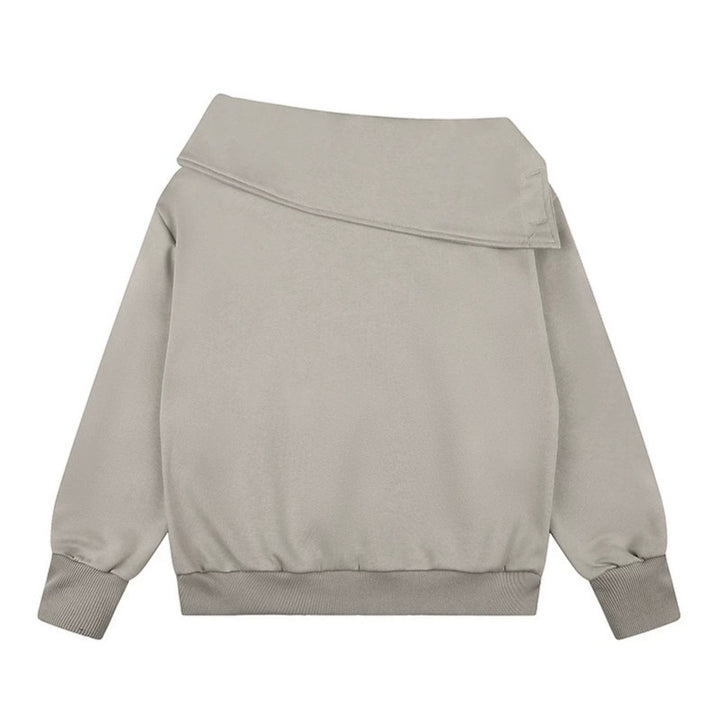 Women Asymmetric Sweatshirt with Wide Collar, Decorative Button Placket and Bead Application Mune Fashion