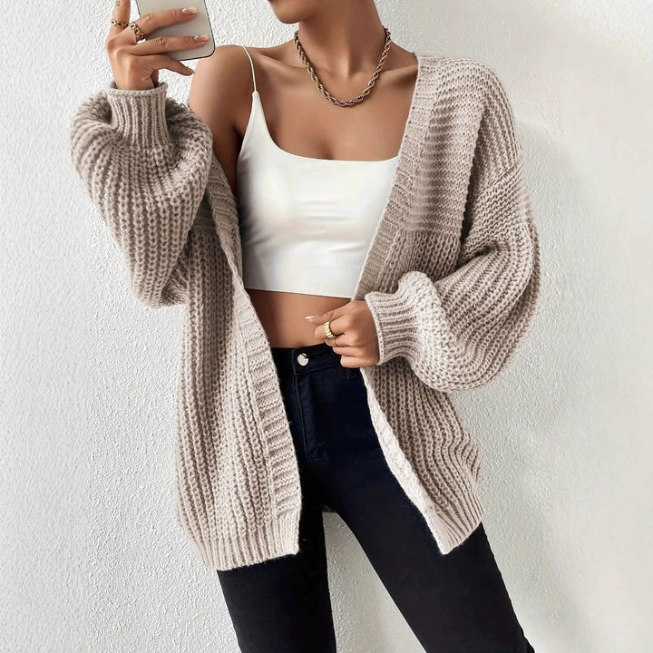 Women's oversized knit cardigan with coarse waffle knit, open front and voluminous balloon sleeves Mune Fashion