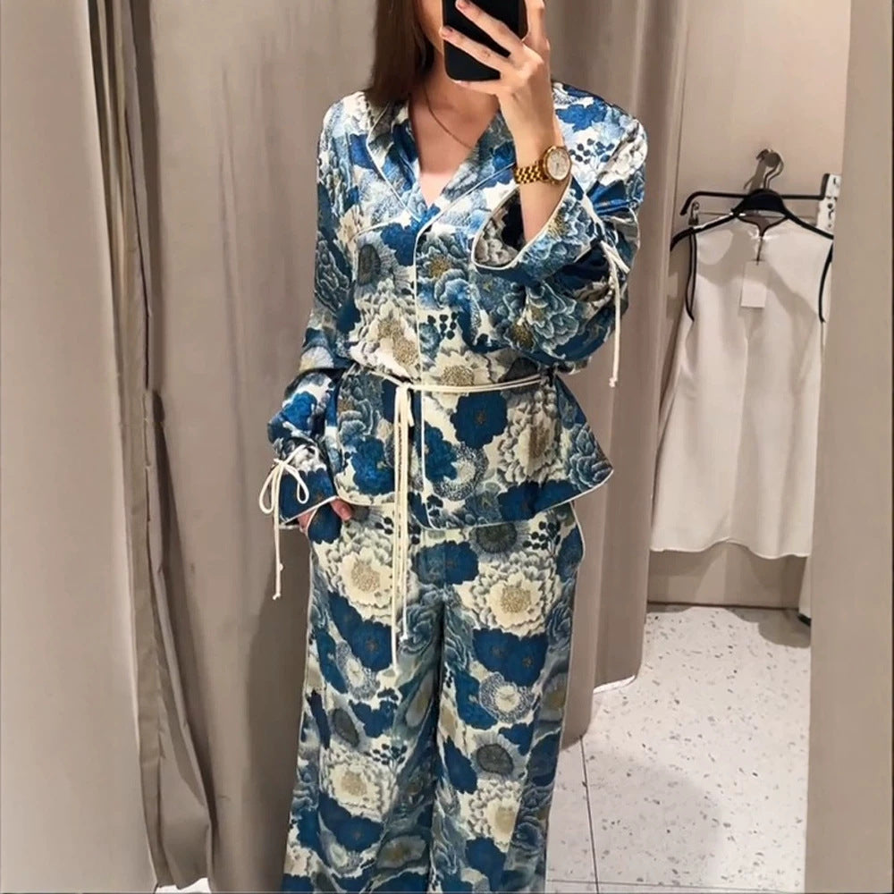 Women Two-Piece Floral Jacquard Loungewear Set with Waist Belt, Piping and Tied Sleeves Mune Fashion