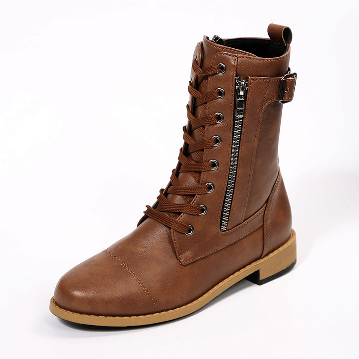 Women's robust lace-up biker ankle boots with side zipper and decorative strap Mune Fashion