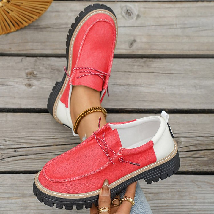 Damen Modische Slipper-Loafer mit grober Profilsohle, Canvas-Obermaterial und dekorativer Kordel Mune Fashion
