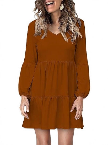 Women's Tiered Mini Dress with V-Neck and Balloon Sleeves Mune Fashion