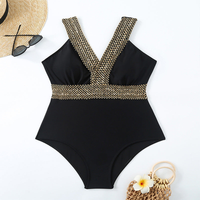 Women's One-Piece Swimsuit with V-Neck and Gold Accent Mune Fashion