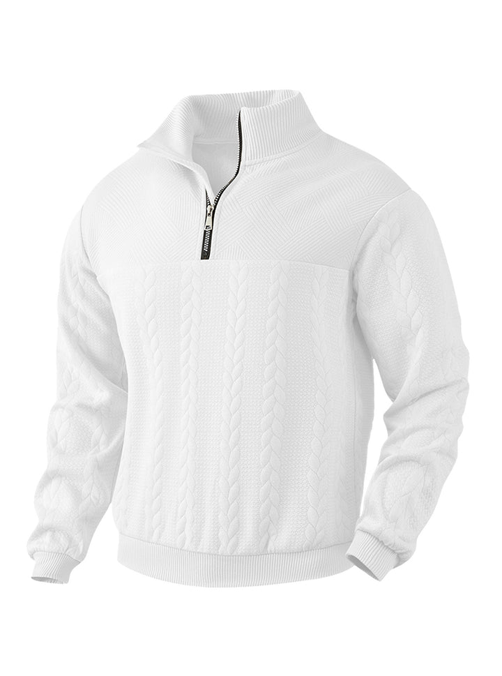 Men's textured knit sweater with half zip, braided cable pattern, and high stand-up collar Mune Fashion