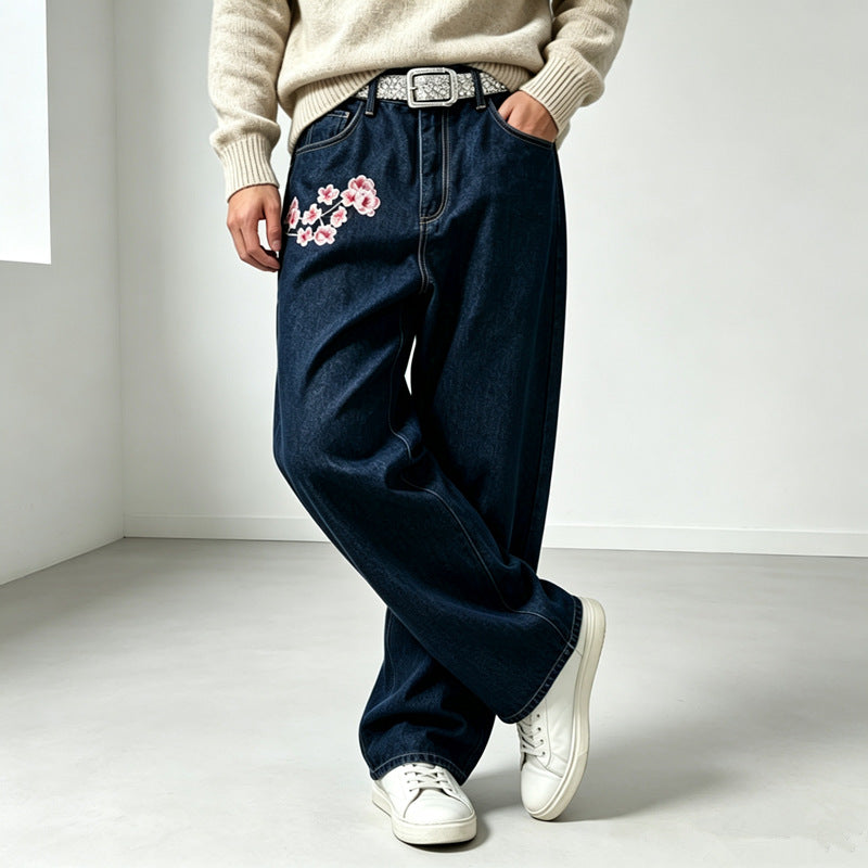 Men's Fashion Wide Cut Denim Pants with Floral Embroidery Mune Fashion