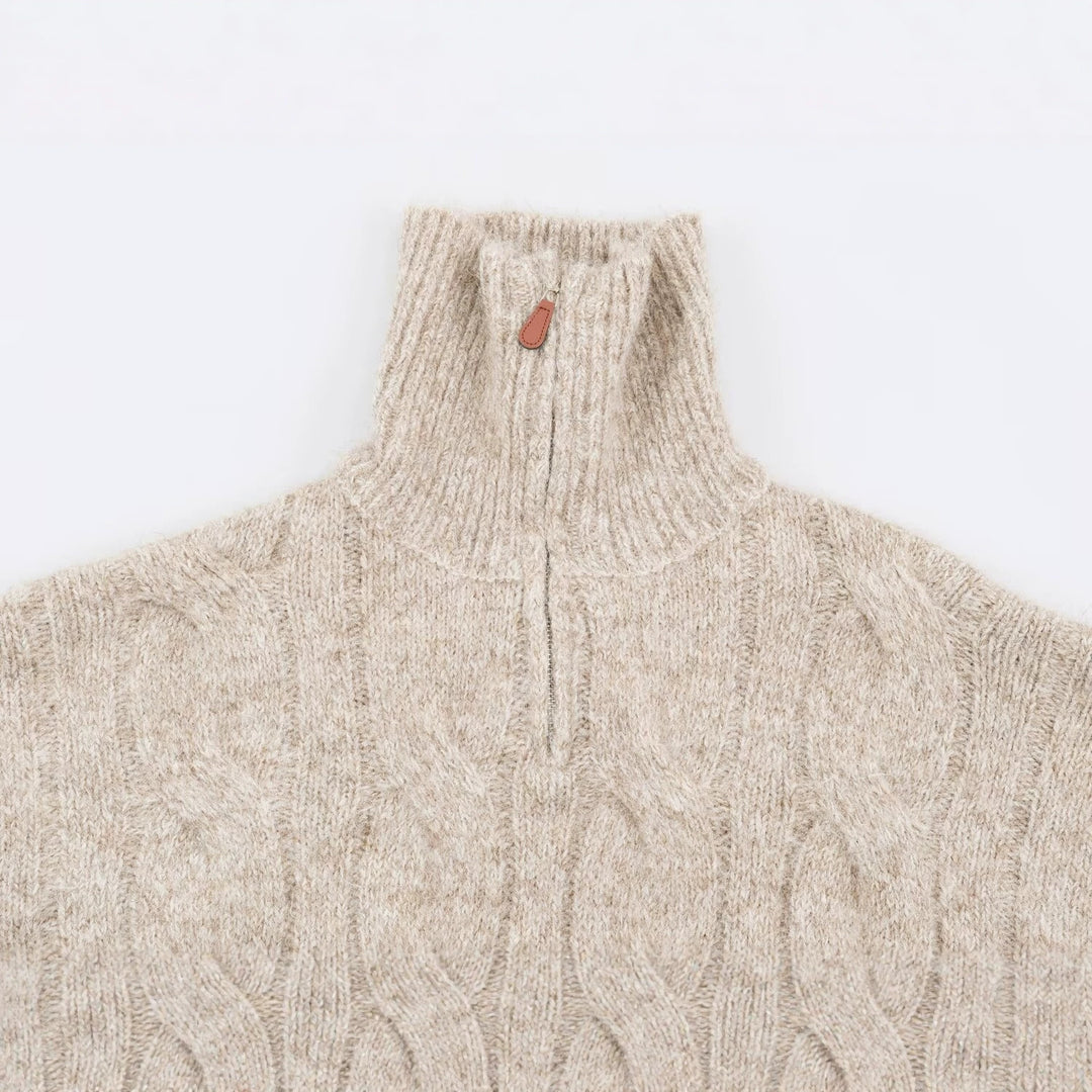 Women's Chunky Knit Long Sweater with Cable Pattern and Half-High Zip Collar Mune Fashion